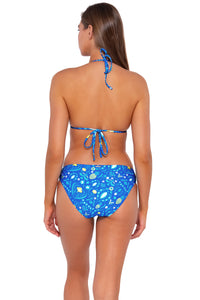 Back pose #1 of Daria wearing Sunsets Pineapple Grove Laney Triangle Top with matching Audra Hipster bikini bottom