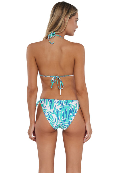 Back pose #1 of Jessica wearing Sunsets Sea Breeze Sandbar Rib Everlee Tie Side Bottom paired with matching Bikini Top