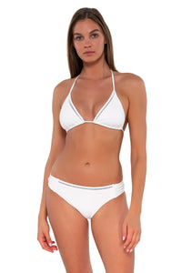 Front pose #1 of Daria wearing Sunsets White Lily Laney Triangle Top with matching Audra Hipster bikini bottom