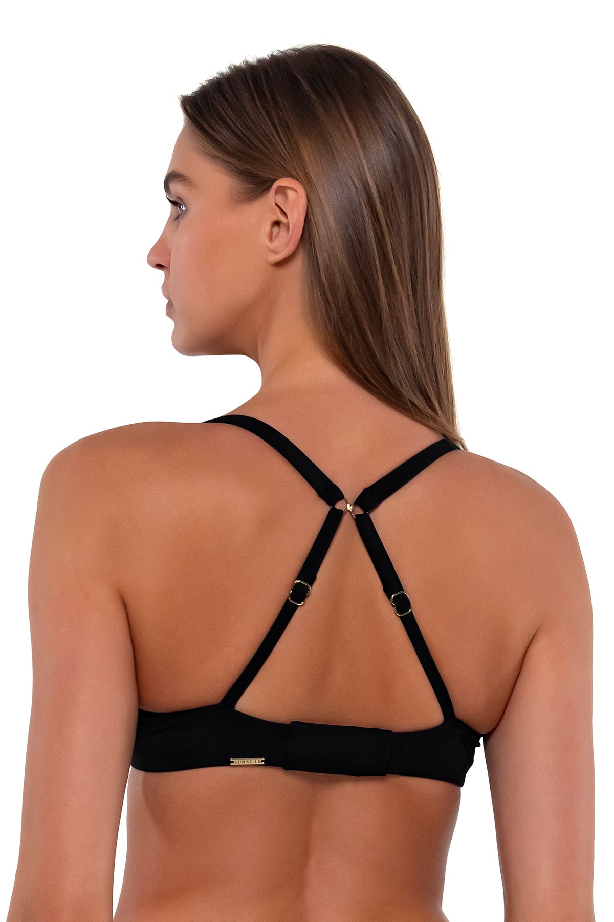 Back pose #1 of Daria wearing Sunsets Black Juliette Underwire Top showing crossback straps
