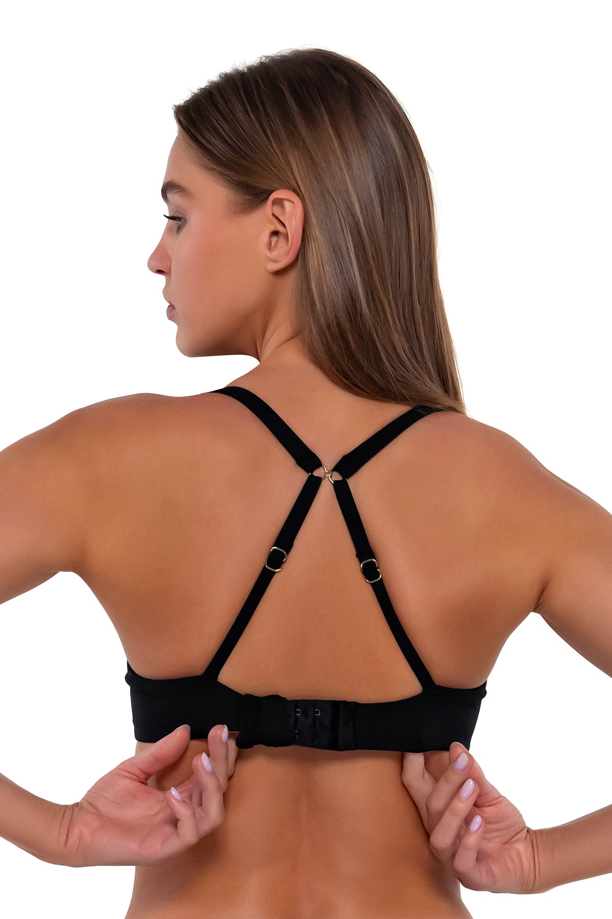 Back pose #1 of Daria wearing Sunsets Black Juliette Underwire Top showing hidden hook-and-eye closure