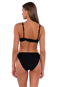 Back pose #1 of Daria wearing Sunsets Black Juliette Underwire Top with matching Kylie Hipster bikini bottom