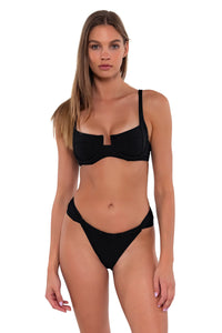 Front pose #2 of Daria wearing Sunsets Black Juliette Underwire Top with matching Kylie Hipster bikini bottom