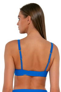 Back pose #1 of Daria wearing Sunsets Electric Blue Juliette Underwire Top