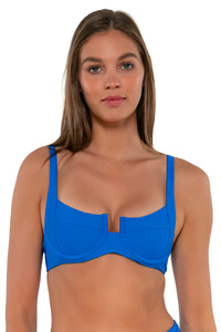 Front pose #1 of Daria wearing Sunsets Electric Blue Juliette Underwire Top