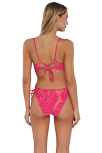 Back pose #1 of Jessica wearing Sunsets Blushing Palms Sandbar Rib Everlee Tie Side Bottom paired with matching