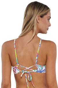 Back pose #1 of Jessica wearing Sunsets Botanical Bliss Sandbar Rib Lyla Bralette Top