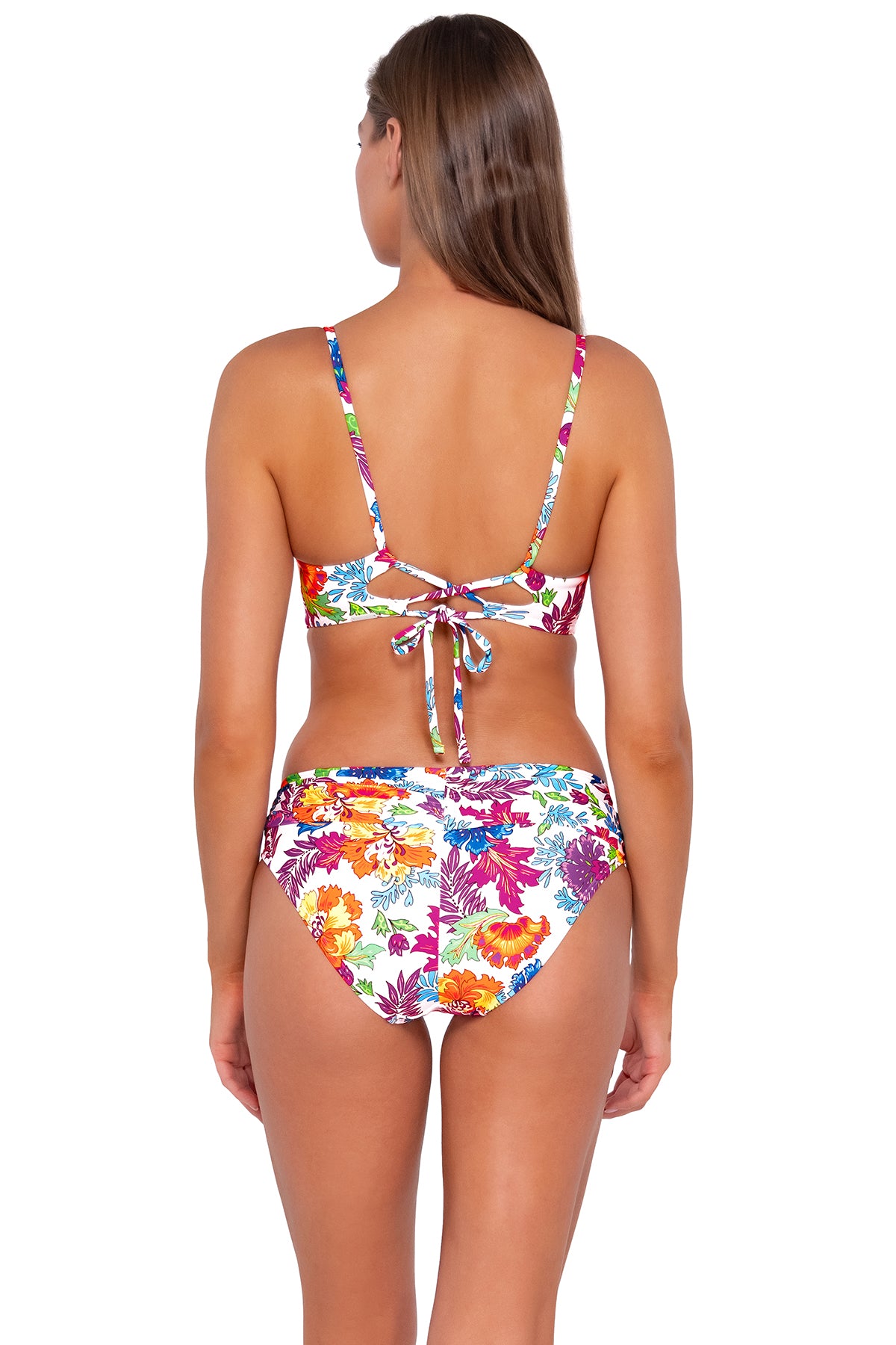 Back pose #1 of Daria wearing Sunsets Camilla Flora Lyla Bralette with matching Unforgettable Bottom swim hipster