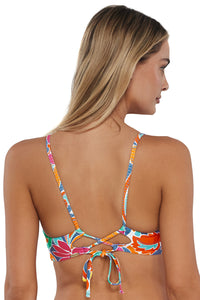 Back pose #1 of Jessica wearing Sunsets Festive Floral Sandbar Rib Lyla Bralette Top