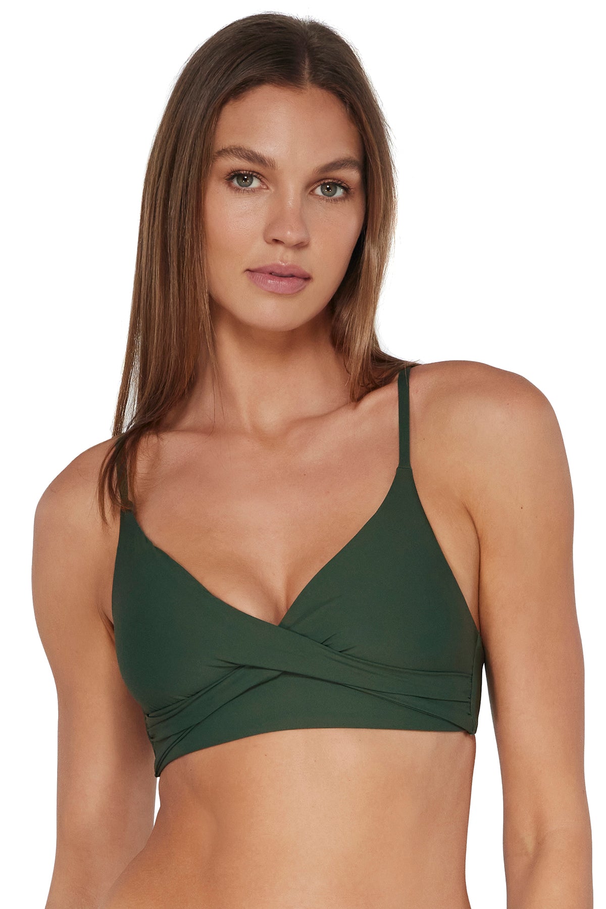 Front pose #4 of Daria wearing Sunsets Island Green Lyla Bralette Top