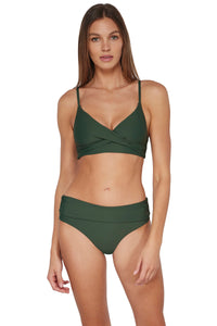 Front pose #1 of Daria wearing Sunsets Island Green Capri High Waist Bottom showing folded waist paired with matching Lyla Bralette Top