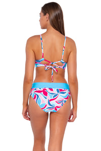 Back pose #1 of Daria wearing Sunsets Making Waves Lyla Bralette with matching Capri High Waist bikini bottom
