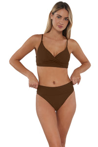 Active pose #1 of Jessica wearing Sunsets Tiki Brown Lyla Bralette Top