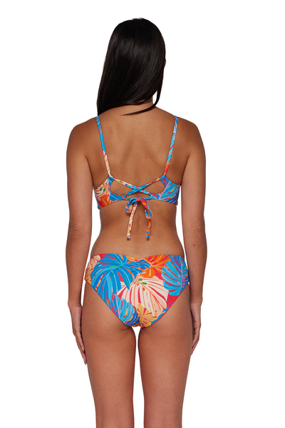 Back pose #1 of Amanda wearing Sunsets Zesty Tropicana Alana Reversible Hipster Bottom paired with matching Bikini Top