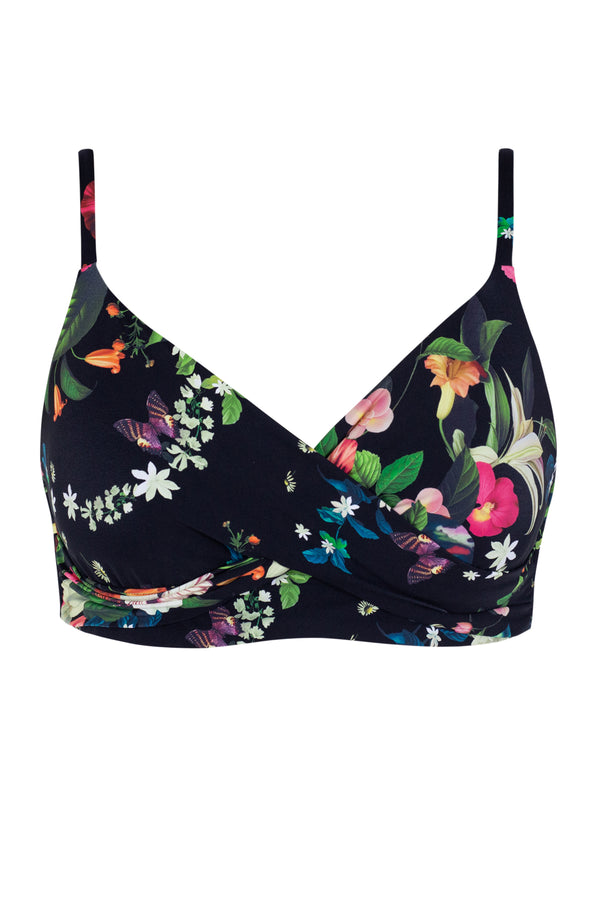 Front pose #1 of a floating garment shot featuring Sunsets Fleur Noire Lyla Bralette Top
