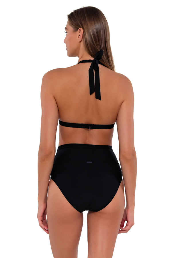 Back pose #1 of Daria wearing Sunsets Black Hannah High Waist Bottom with matching Faith Halter bikini top