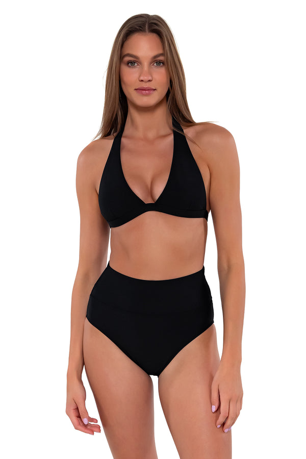 Front Front pose #1 of Daria wearing Sunsets Black Hannah High Waist Bottom with matching Faith Halter bikini top