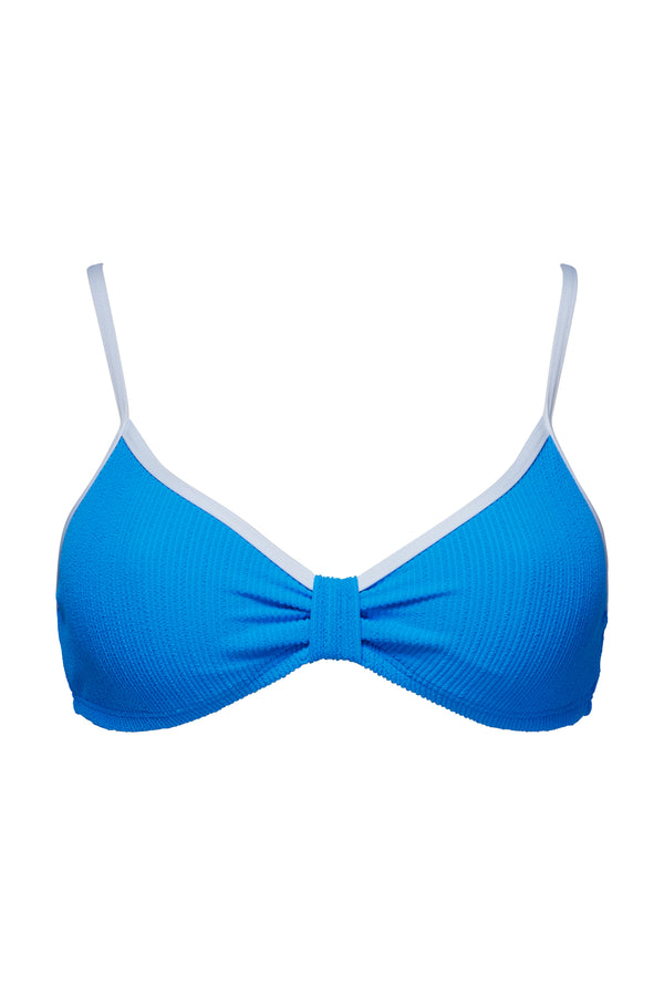 Front pose #1 of a floating garment shot featuring Pacifica Blueberry Indie Bralette Top with Trim