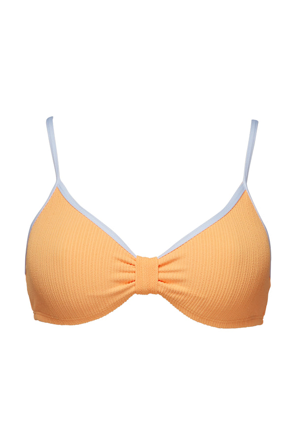 Front pose #1 of a floating garment shot featuring Pacifica Papaya Indie Bralette Top with Trim