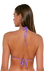 Back pose #1 of Daria wearing Sunsets Passion Flower Starlette Triangle Top