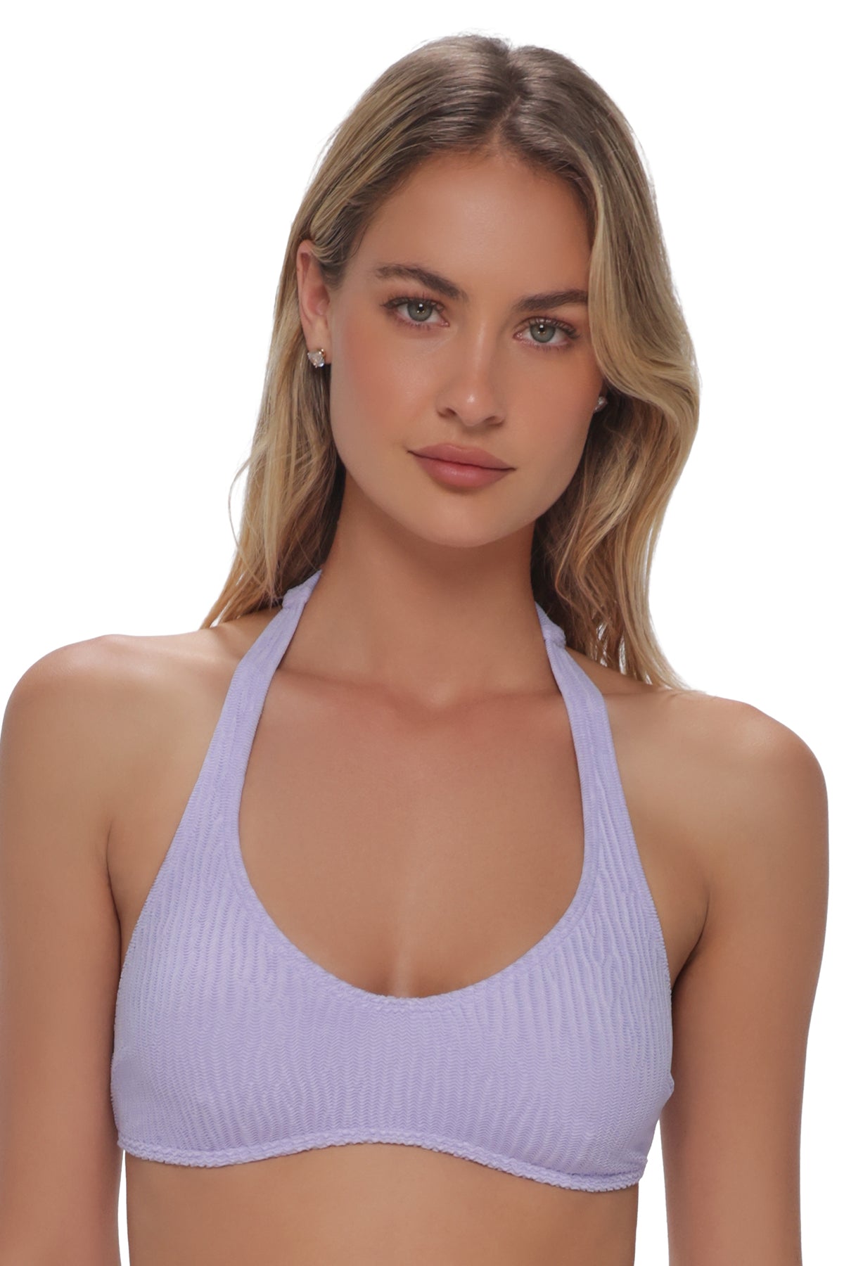 Front pose #1 of Jessica wearing Pacifica by Sunsets Lilac Scrunch Splash Halter Top