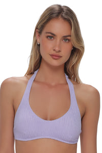 Front pose #1 of Jessica wearing Pacifica by Sunsets Lilac Scrunch Splash Halter Top