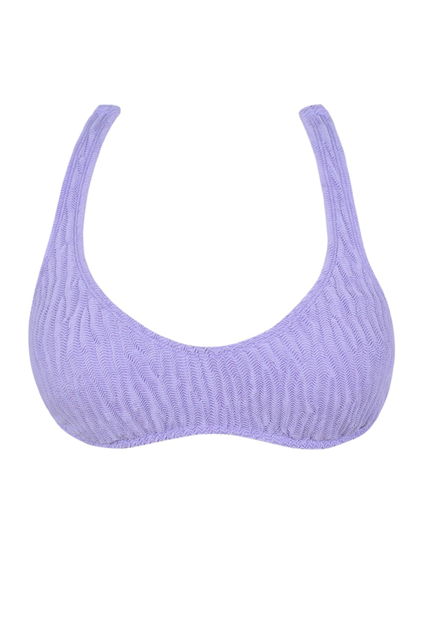 Front pose #1 of a floating garment shot featuring Pacifica by Sunsets Lilac Scrunch Splash Halter Top