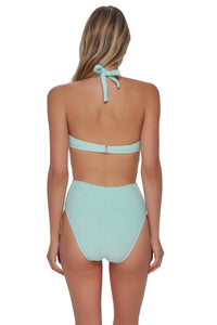 Back pose #1 of Jessica wearing Pacifica by Sunsets Mint Scrunch Splash Halter Top