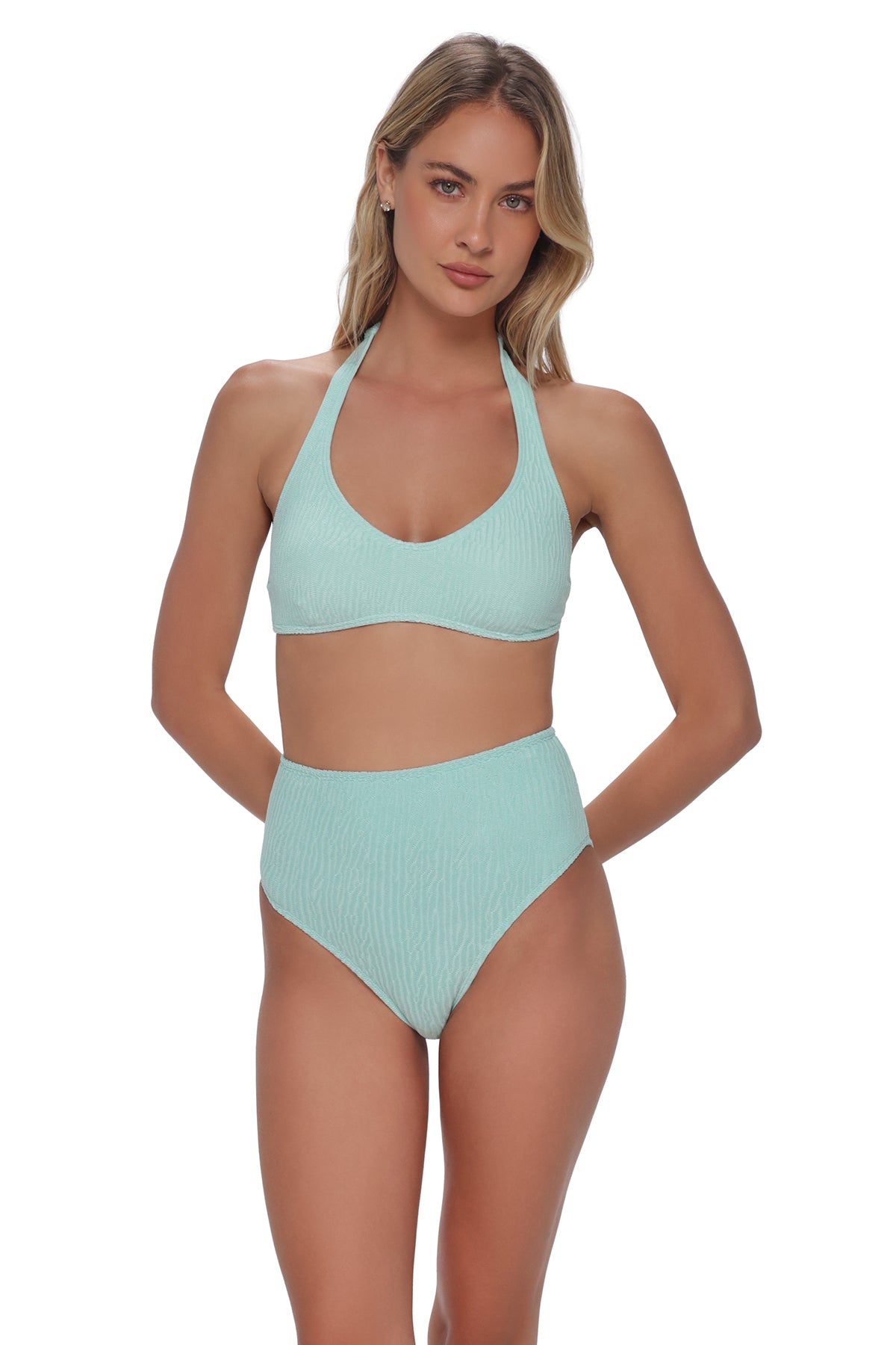 Active pose #1 of Jessica wearing Pacifica by Sunsets Mint Scrunch Splash Halter Top