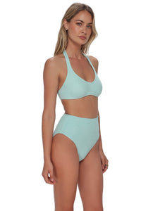 Quarter pose #1 of Jessica wearing Pacifica by Sunsets Mint Scrunch Splash Halter Top