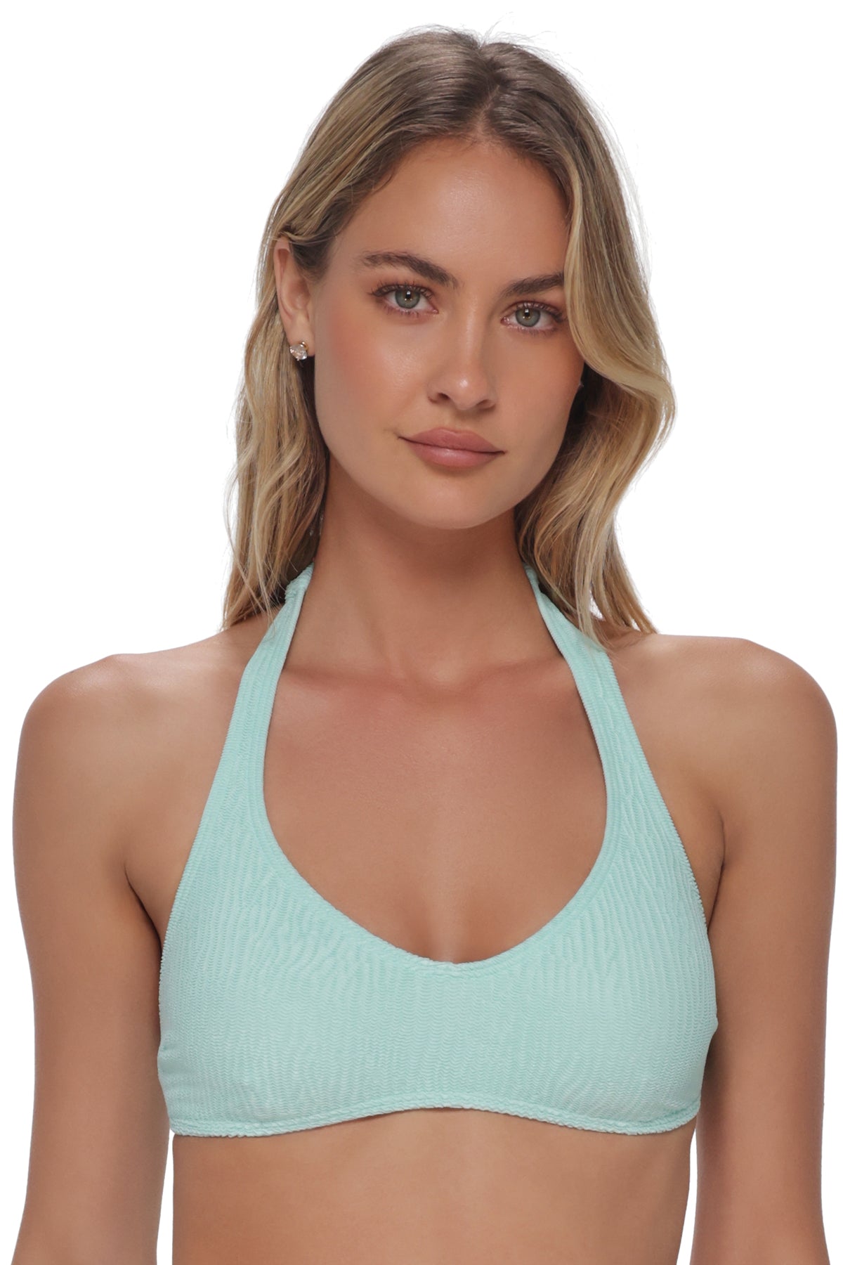 Front pose #1 of Jessica wearing Pacifica by Sunsets Mint Scrunch Splash Halter Top
