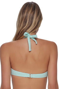 Back pose #1 of Jessica wearing Pacifica by Sunsets Mint Scrunch Splash Halter Top