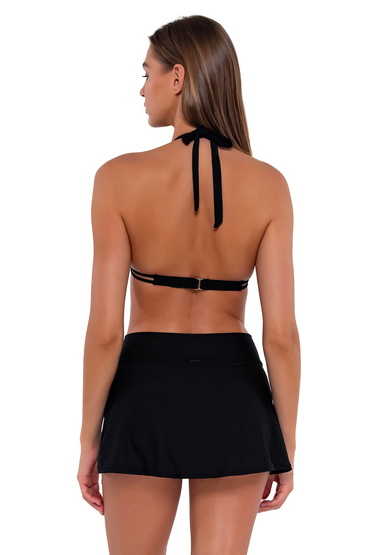 Back pose #1 of Daria wearing Sunsets Black Summer Lovin Swim Skirt with matching