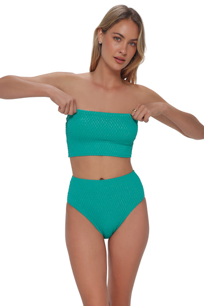 Active pose #1 of Jessica wearing Pacifica Jade Jewel Lurex Shellie Tube Top as a strapless bikini paired with matching Bikini Bottom
