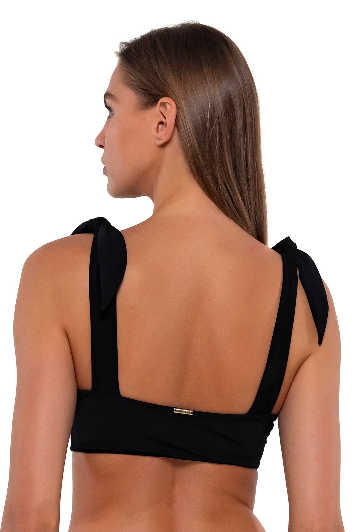 Back pose #1 of Daria wearing Sunsets Black Lily Top