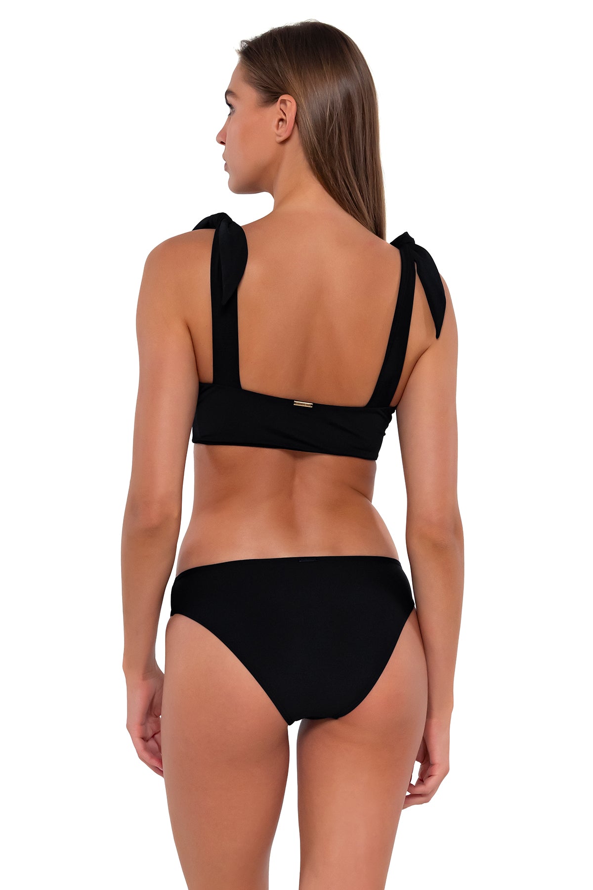 Back pose #1 of Daria wearing Sunsets Black Lily Top with matching Collins Hipster bikini bottom