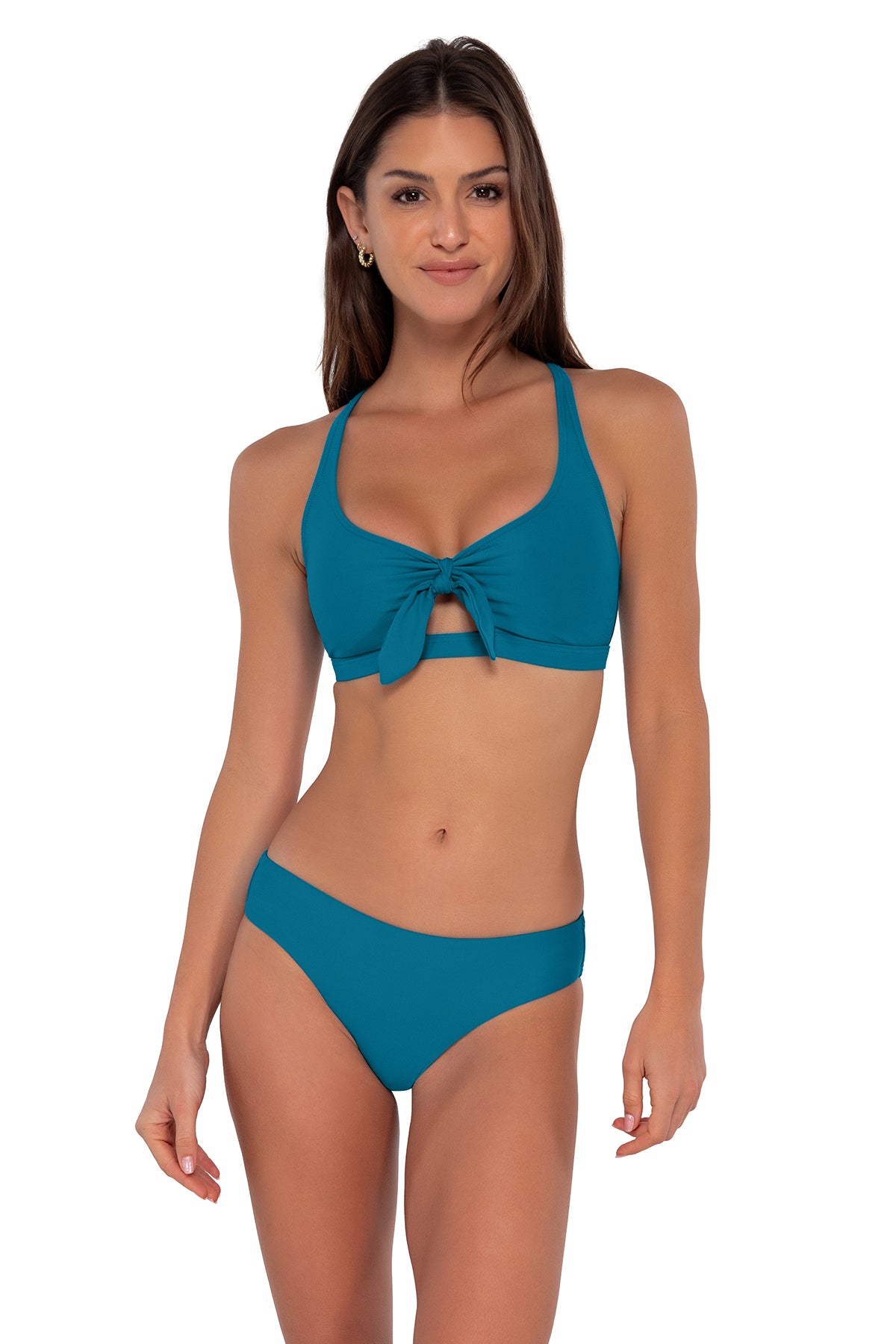 Front pose #1 of Gigi wearing Sunsets Avalon Teal Brandi Bralette Top showing keyhole front tie paired with Collins Hipster bikini bottom