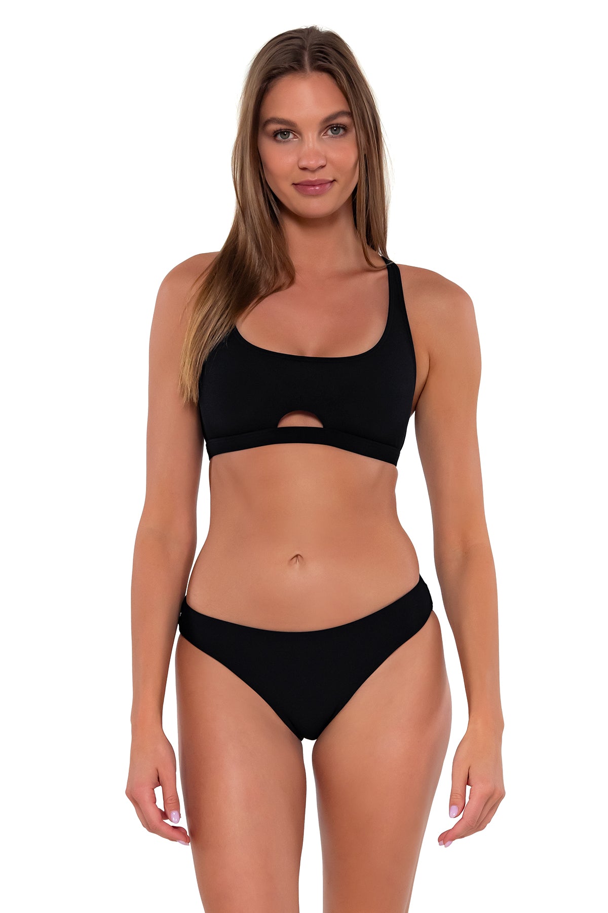 Front Front pose #1 of Daria wearing Sunsets Black Brandi Bralette Top with matching Collins Hipster bikini bottom
