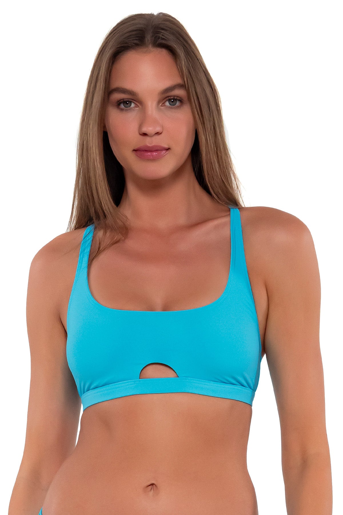 Front pose #1 of Daria wearing Sunsets Blue Bliss Brandi Bralette Top