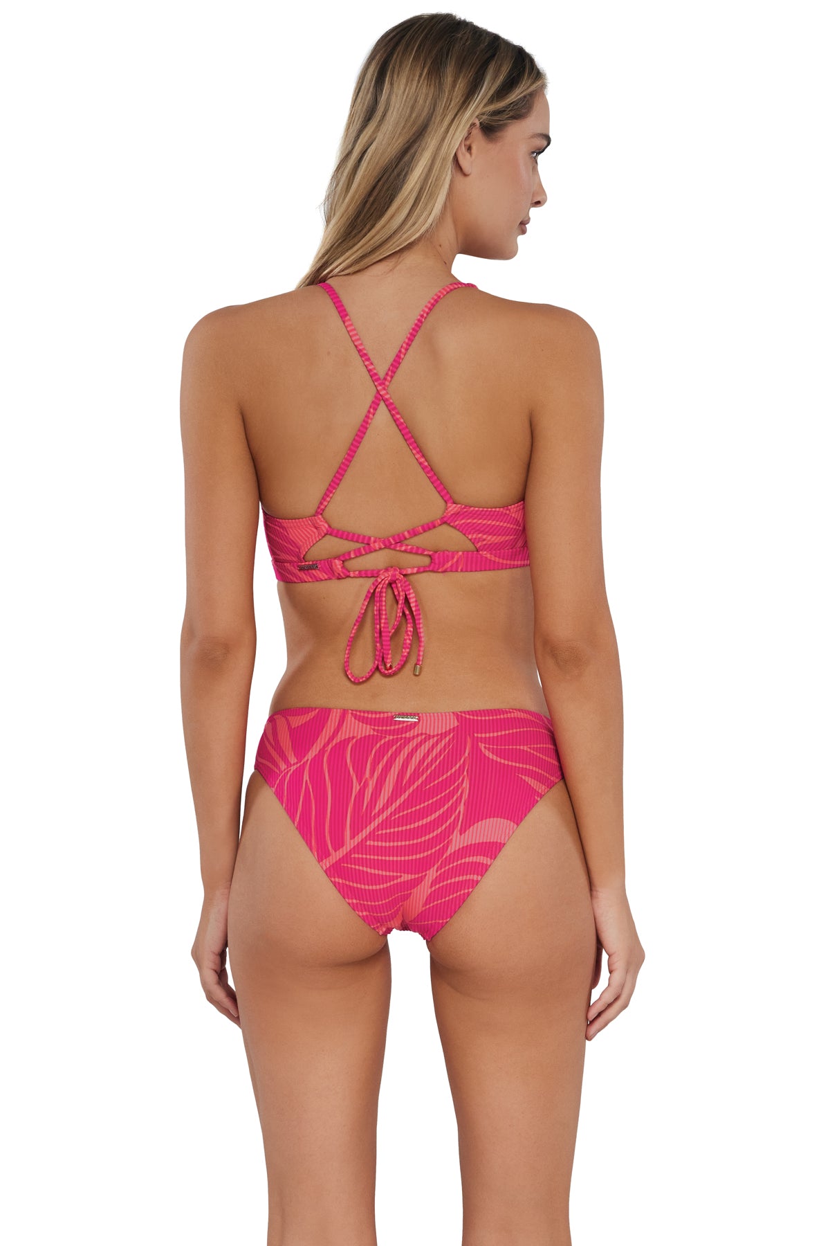 Back pose #1 of Jessica wearing Sunsets Blushing Palms Sandbar Rib Collins Hipster Bottom paired with matching