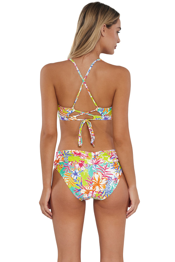 Back pose #1 of Jessica wearing Sunsets Botanical Bliss Sandbar Rib Unforgettable Bottom paired with matching