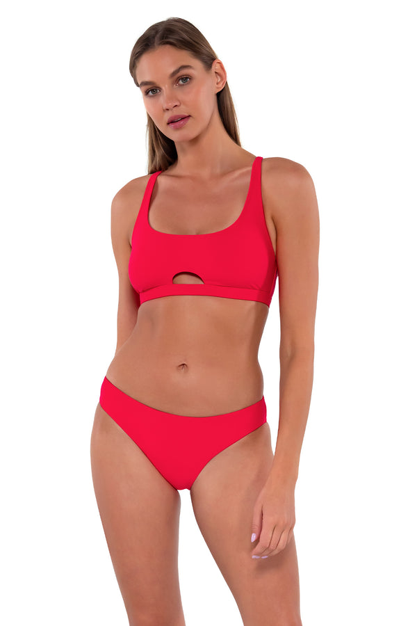 Front pose #1 of Daria wearing Sunsets Geranium Brandi Bralette Top with matching Collins Hipster bikini bottom