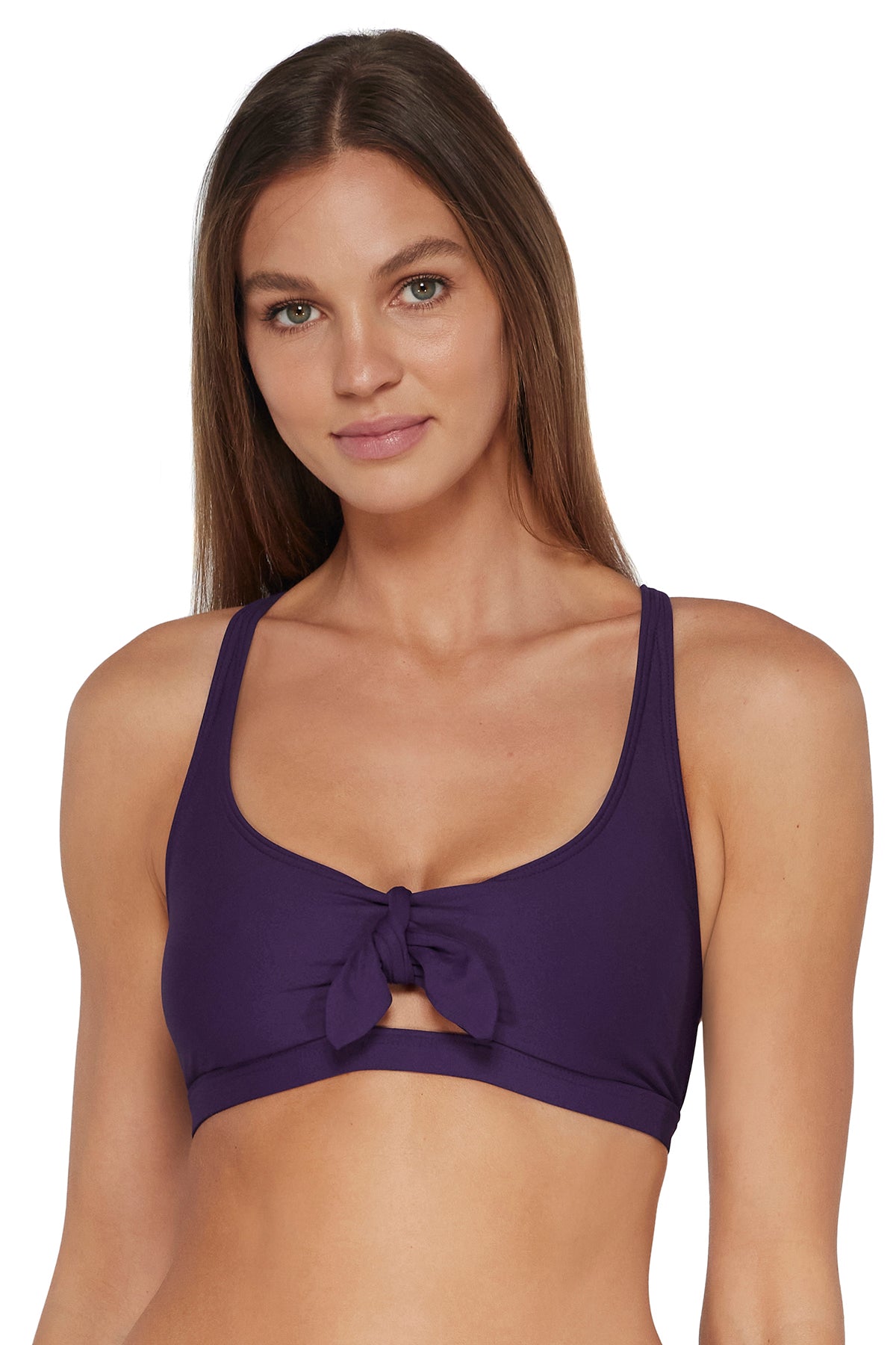 Front pose #1 of Daria wearing Sunsets Paradise Plum Brandi Bralette Top showing keyhole front tie