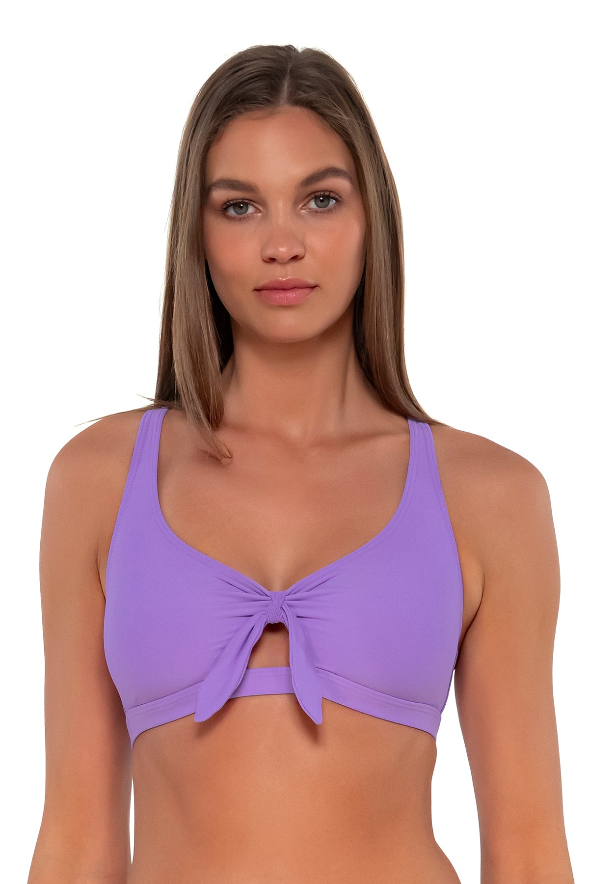 Front pose #1 of Daria wearing Sunsets Passion Flower Brandi Bralette Top showing keyhole front tie