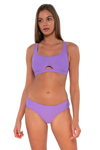 Front pose #1 of Daria wearing Sunsets Passion Flower Brandi Bralette Top with matching Alana Reversible Hipster bikini bottom