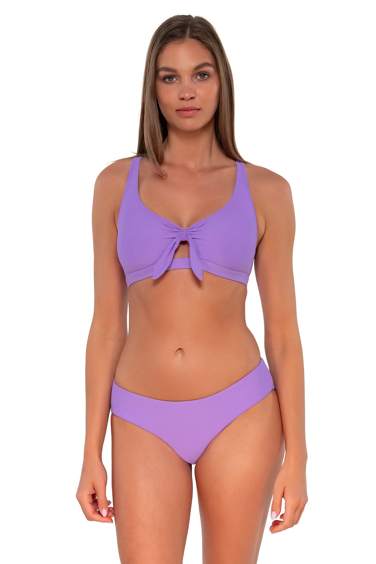 Front pose #1 of Daria wearing Sunsets Passion Flower Brandi Bralette Top showing keyhole front tie with matching Alana Reversible Hipster bikini bottom