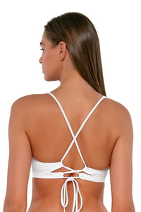Back pose #1 of Daria wearing Sunsets White Lily Brandi Bralette Top