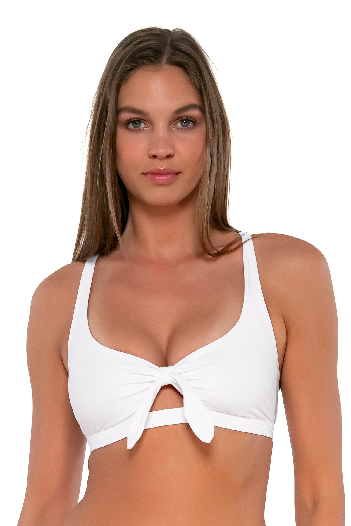 Front pose #1 of Daria wearing Sunsets White Lily Brandi Bralette Top showing keyhole front tie