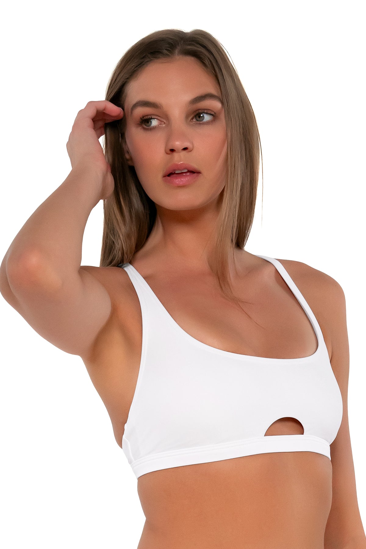 Side pose #1 of Daria wearing Sunsets White Lily Brandi Bralette Top