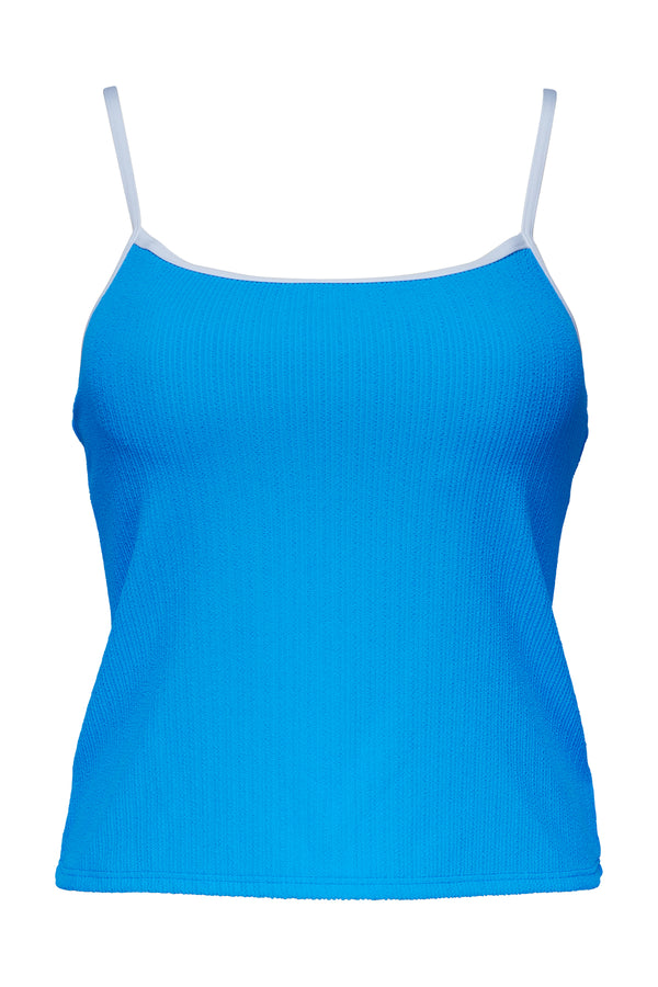 Front pose #1 of a floating garment shot featuring Pacifica Blueberry Coralie Tankini Top with Trim